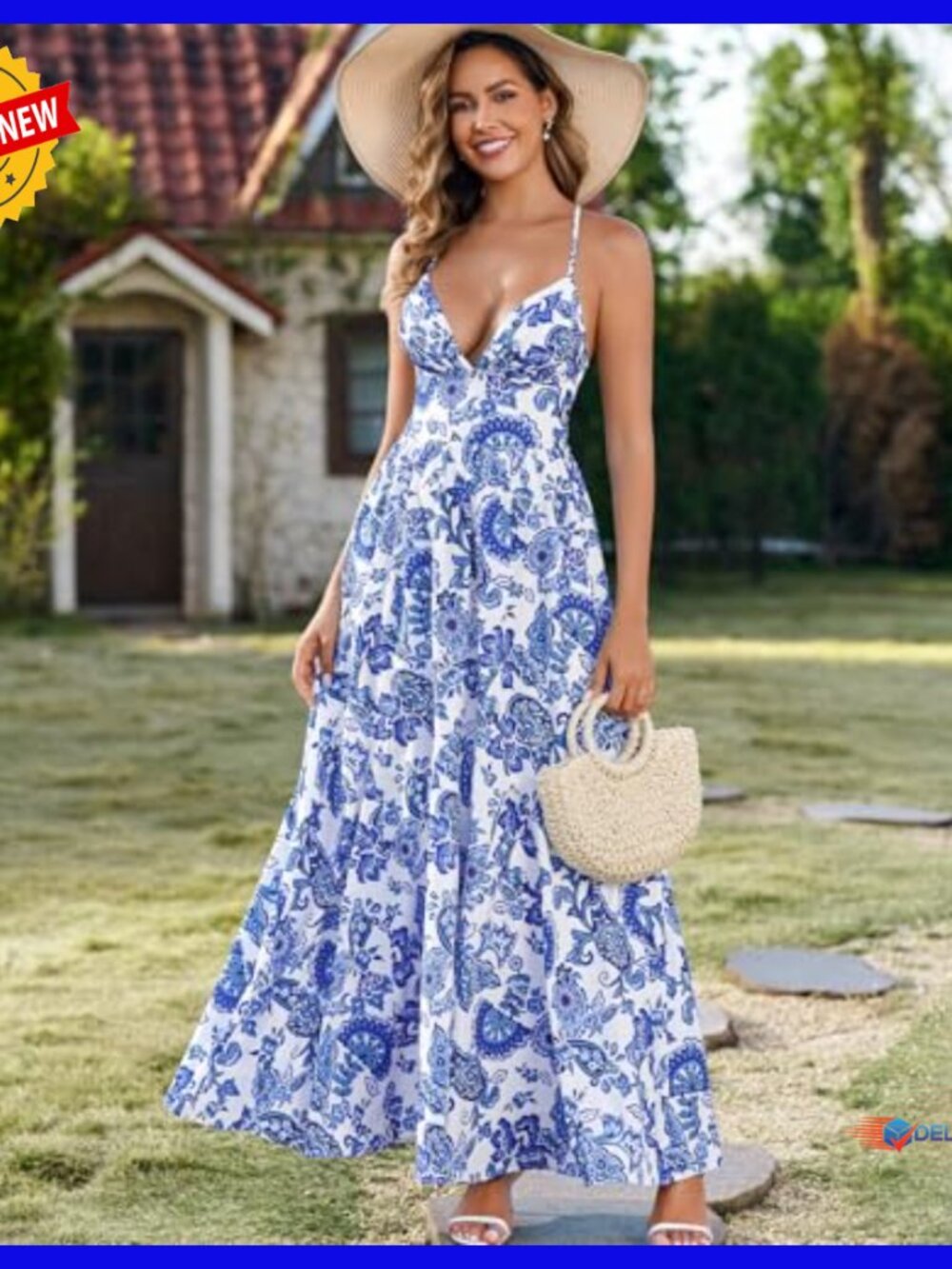 Summer Floral Maxi Dress Spaghetti Straps V Neck Backless Flowy Beach - Picture 2 of 6